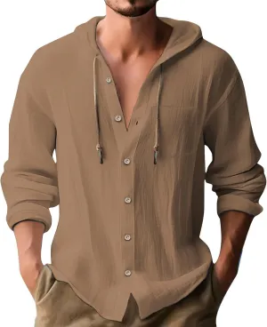 100 Percent Cotton Linen Hoodies for Men Long Sleeve Button Down Shirt Active Athletic Workout Sweatshirts for Men