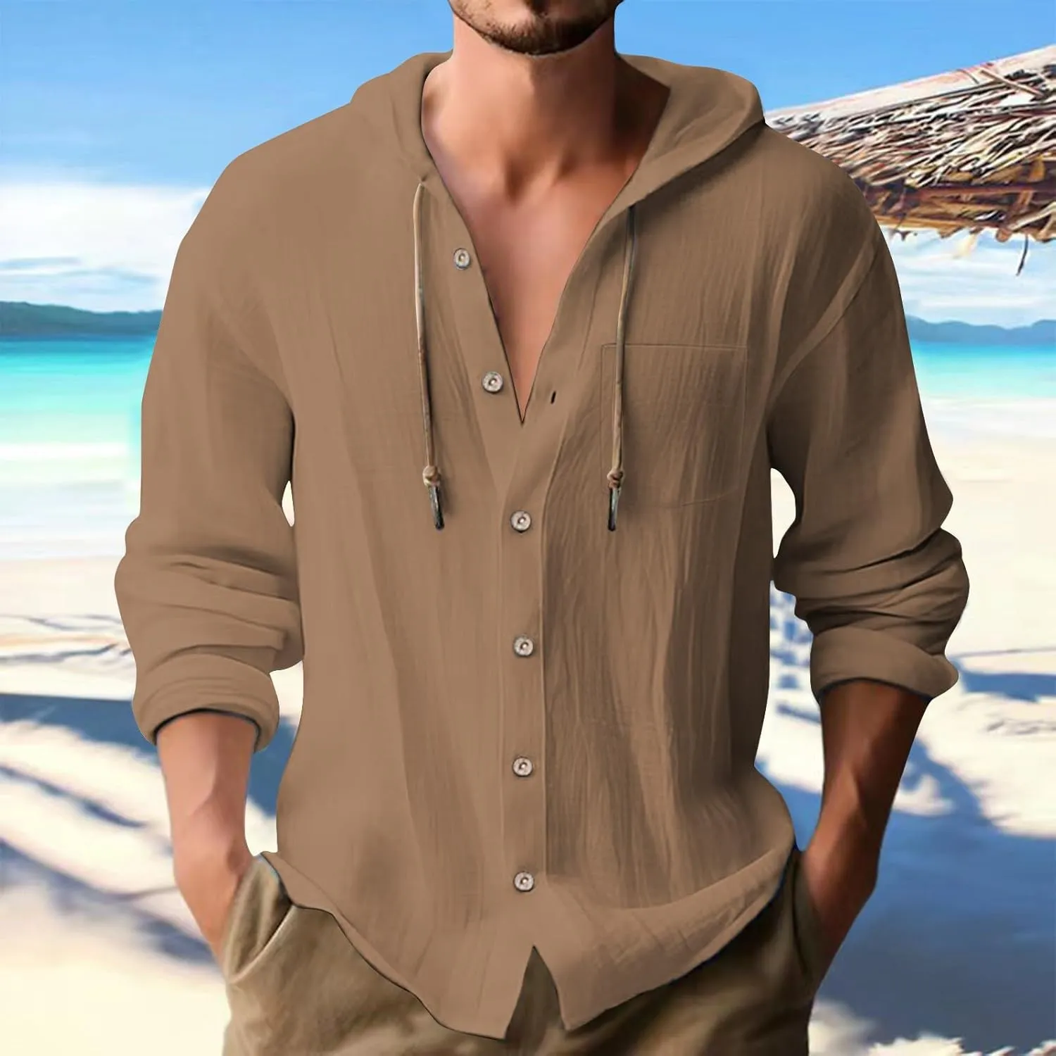 100 Percent Cotton Linen Hoodies for Men Long Sleeve Button Down Shirt Active Athletic Workout Sweatshirts for Men