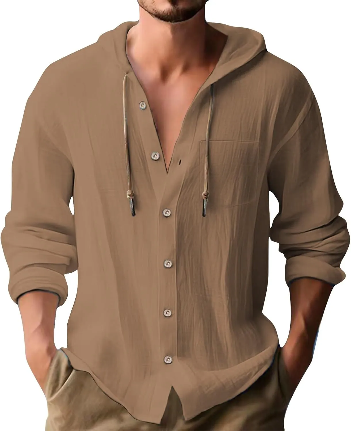 100 Percent Cotton Linen Hoodies for Men Long Sleeve Button Down Shirt Active Athletic Workout Sweatshirts for Men