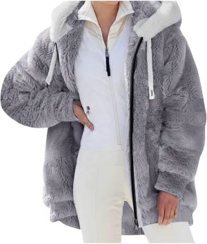 2024 Coats for Women Fuzzy Zip Up Hoodies Color Block Sweaters Coat Soft Sherpa Jackets Casual Warm Outwear with Pocket