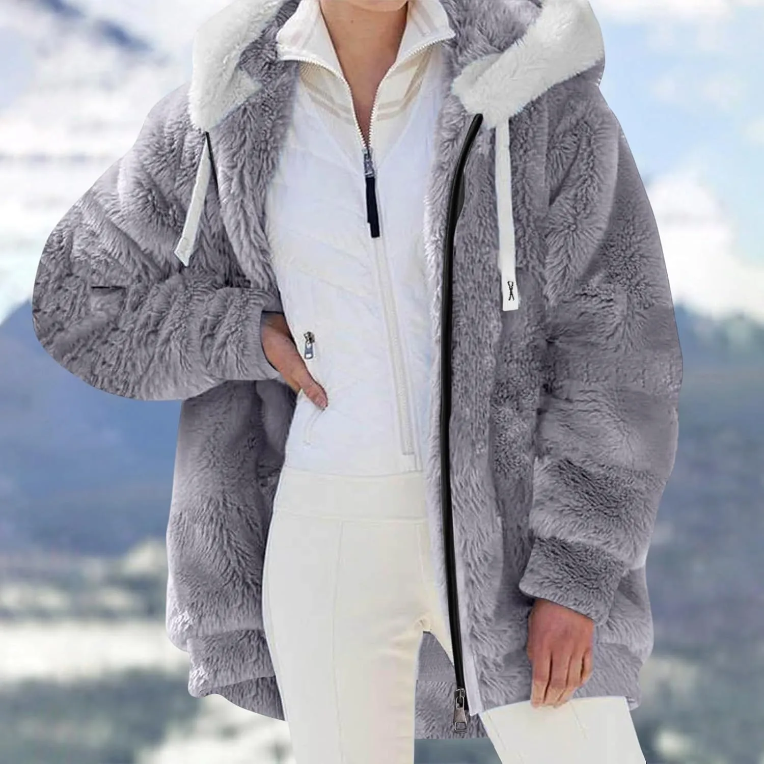 2024 Coats for Women Fuzzy Zip Up Hoodies Color Block Sweaters Coat Soft Sherpa Jackets Casual Warm Outwear with Pocket