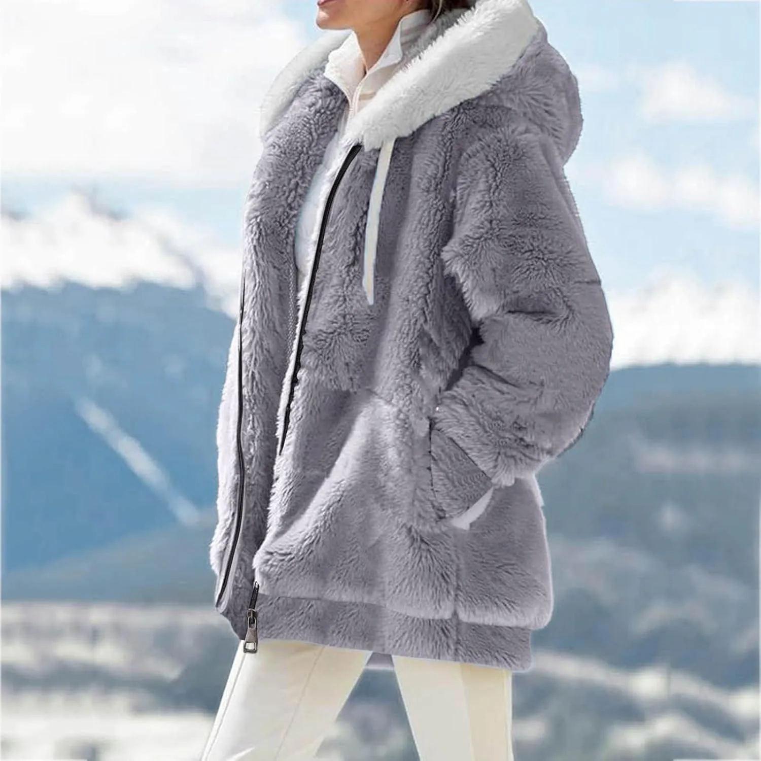 2024 Coats for Women Fuzzy Zip Up Hoodies Color Block Sweaters Coat Soft Sherpa Jackets Casual Warm Outwear with Pocket