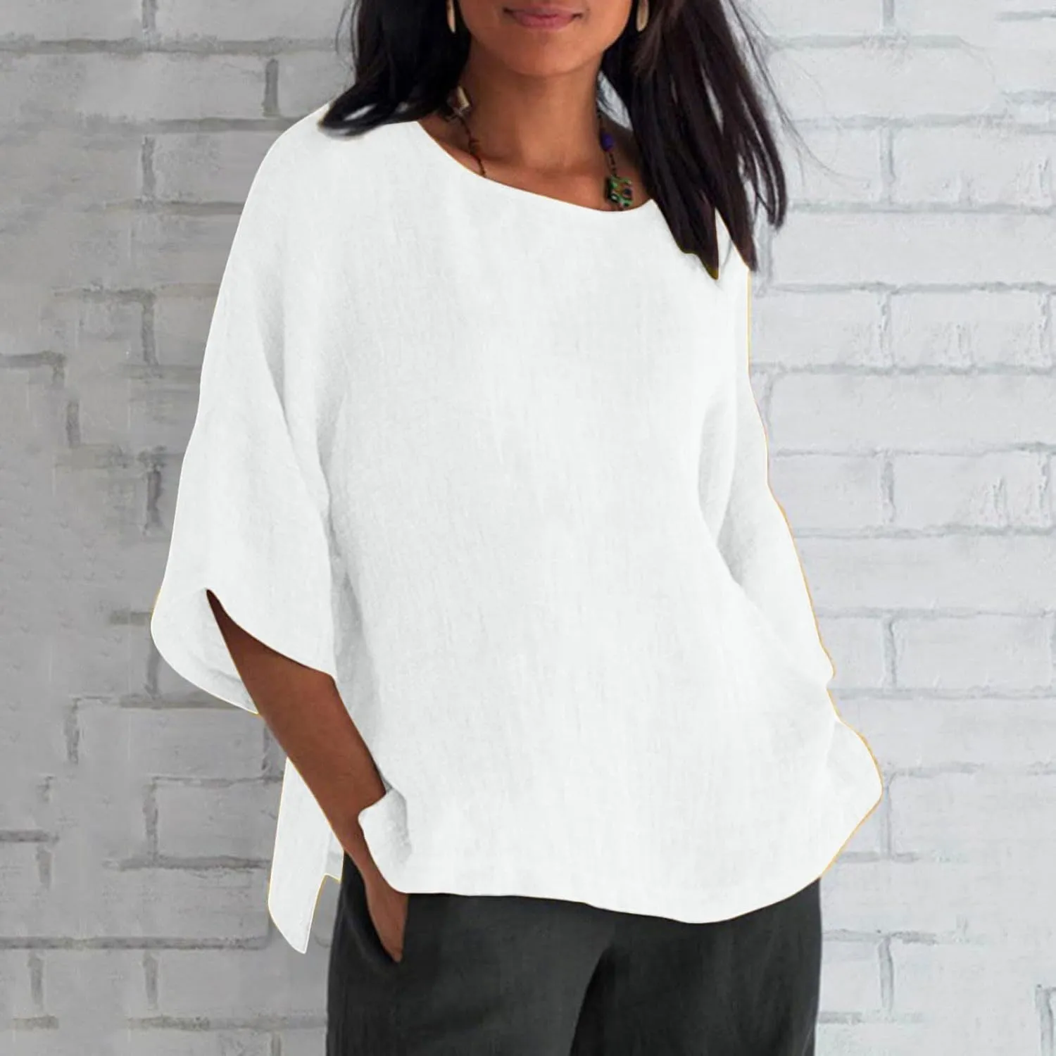 Crewneck Linen Tops for Women 2025 Summer Casual T Shirts Loose Short Sleeve Cotton and Linen Blouses Tee