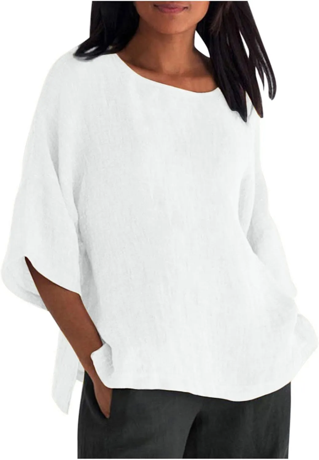Crewneck Linen Tops for Women 2025 Summer Casual T Shirts Loose Short Sleeve Cotton and Linen Blouses Tee