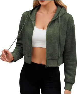 Cropped Hoodies for Women Zip Up Drawstring Hooded Short Sweatshirts Teen Girls Y2K Fashion Track Jackets