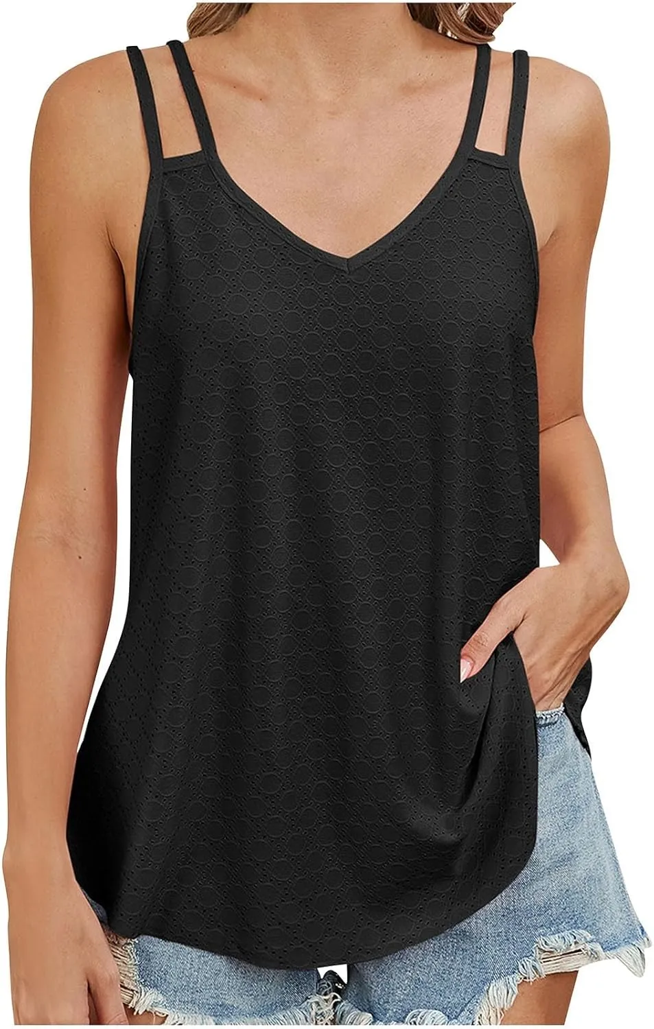 Generic 2024 Flowy Tank Tops for Women Sexy V Neck Sleeveless Spaghetti Strap Camisole Casual Summer Embroidery Eyelet Shirts