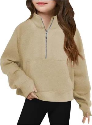 Half Zip Sweatshirt for Girls Long Sleeve Pullover Crop Tops Lightweight Fleece Spring Fall Clothes Thumb Hole