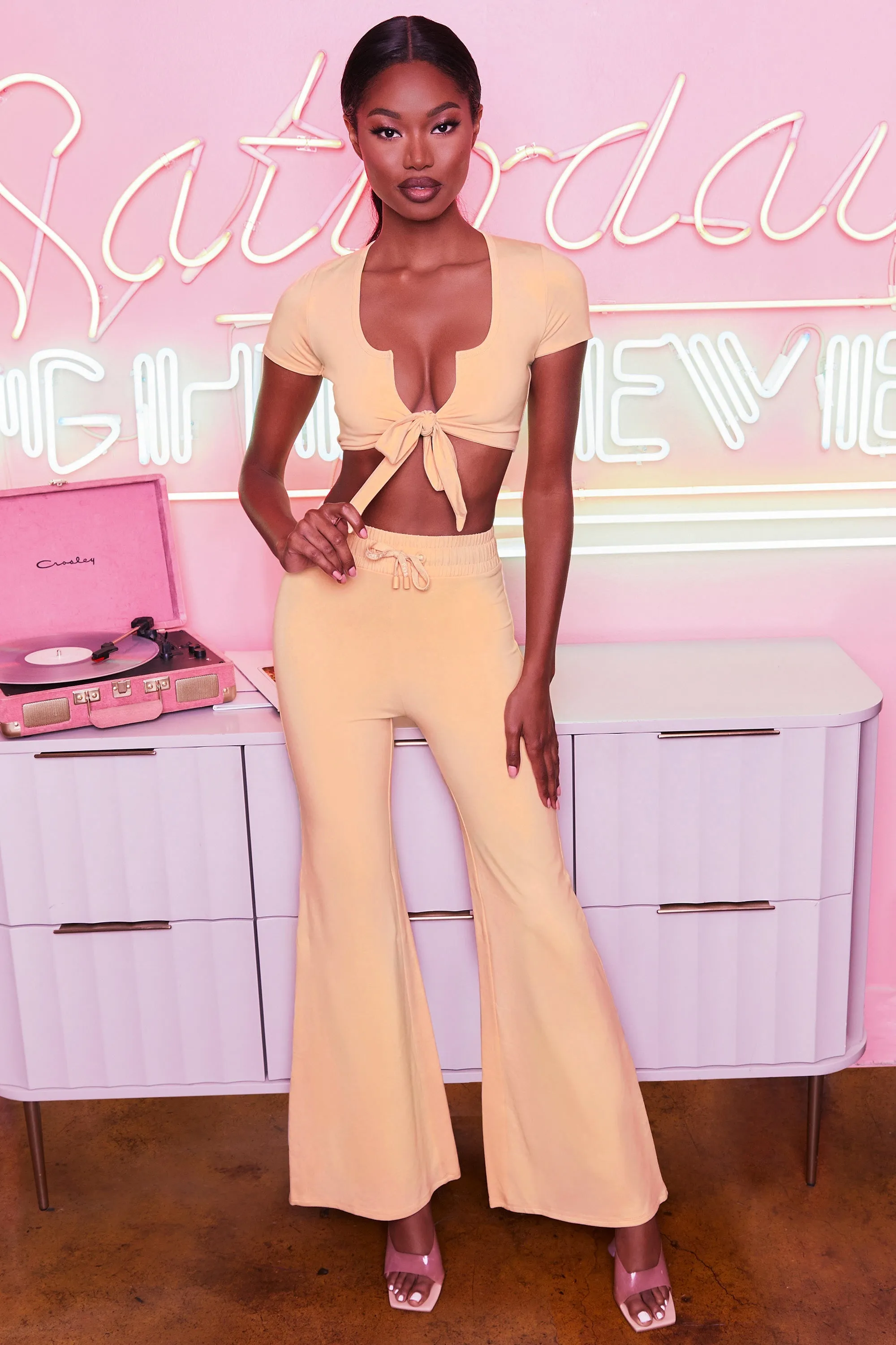 Laid Back Petite Wide Leg Trousers in Peach