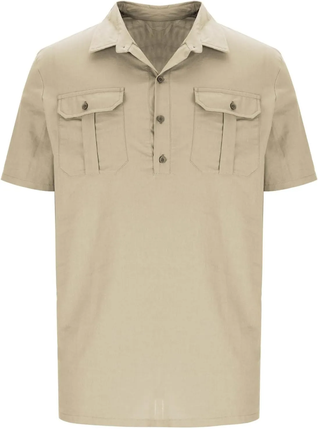 Linen Shirt for Men Button Collared T-Shirt Short Sleeve Summer Beach Clothes Casual Hawaiian Dress Tops with Two Pocket