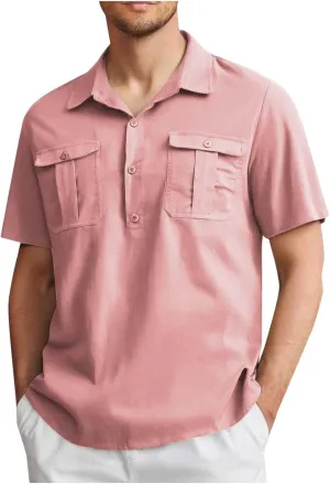 Linen Shirt for Men Button Collared T-Shirt Short Sleeve Summer Beach Clothes Casual Hawaiian Dress Tops with Two Pocket