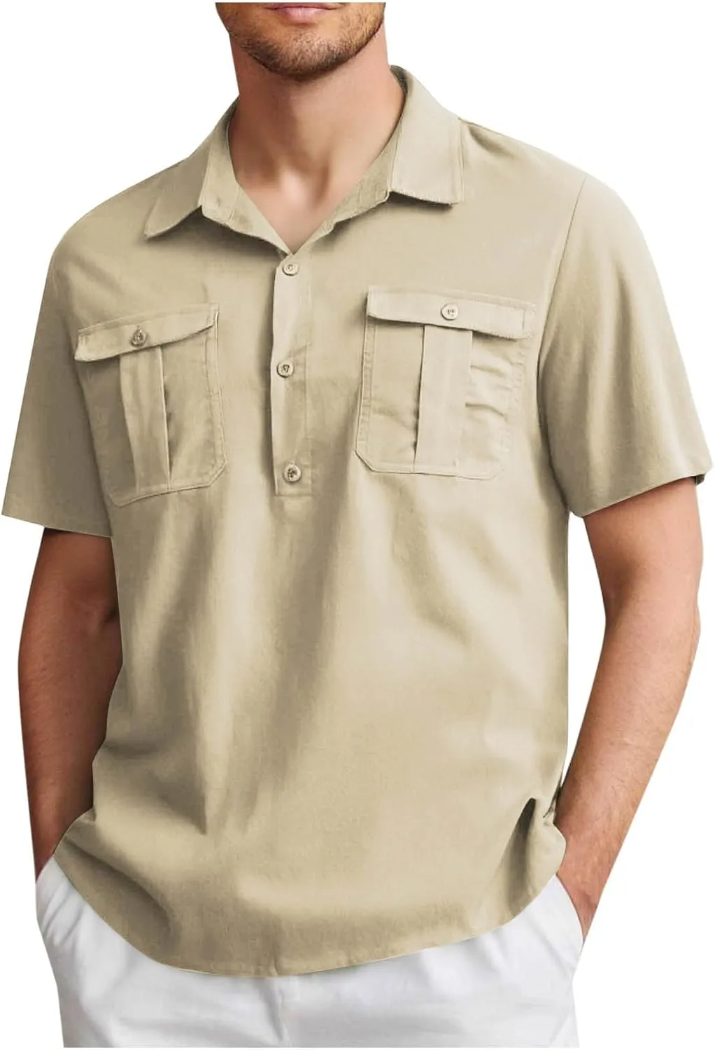 Linen Shirt for Men Button Collared T-Shirt Short Sleeve Summer Beach Clothes Casual Hawaiian Dress Tops with Two Pocket