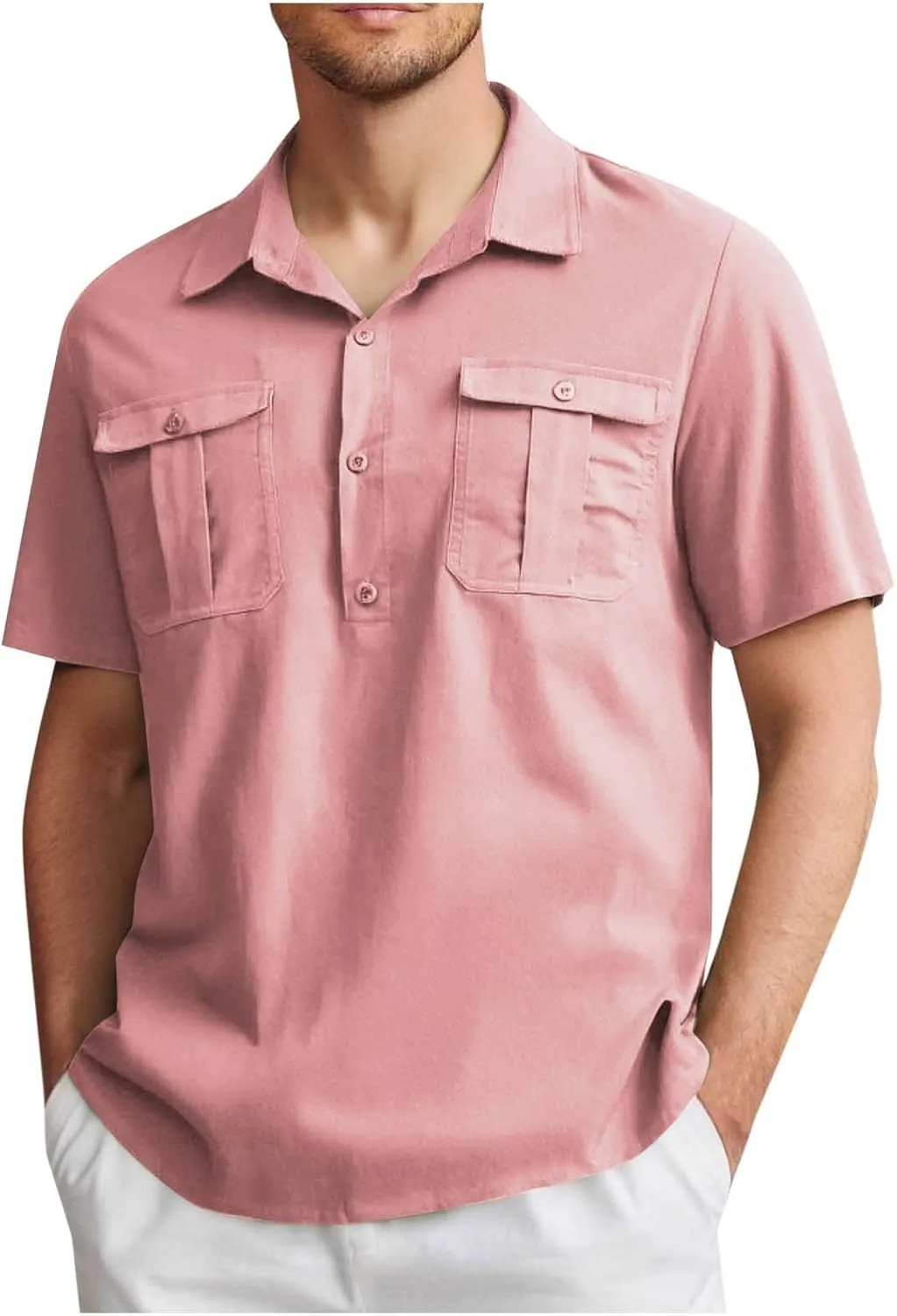 Linen Shirt for Men Button Collared T-Shirt Short Sleeve Summer Beach Clothes Casual Hawaiian Dress Tops with Two Pocket