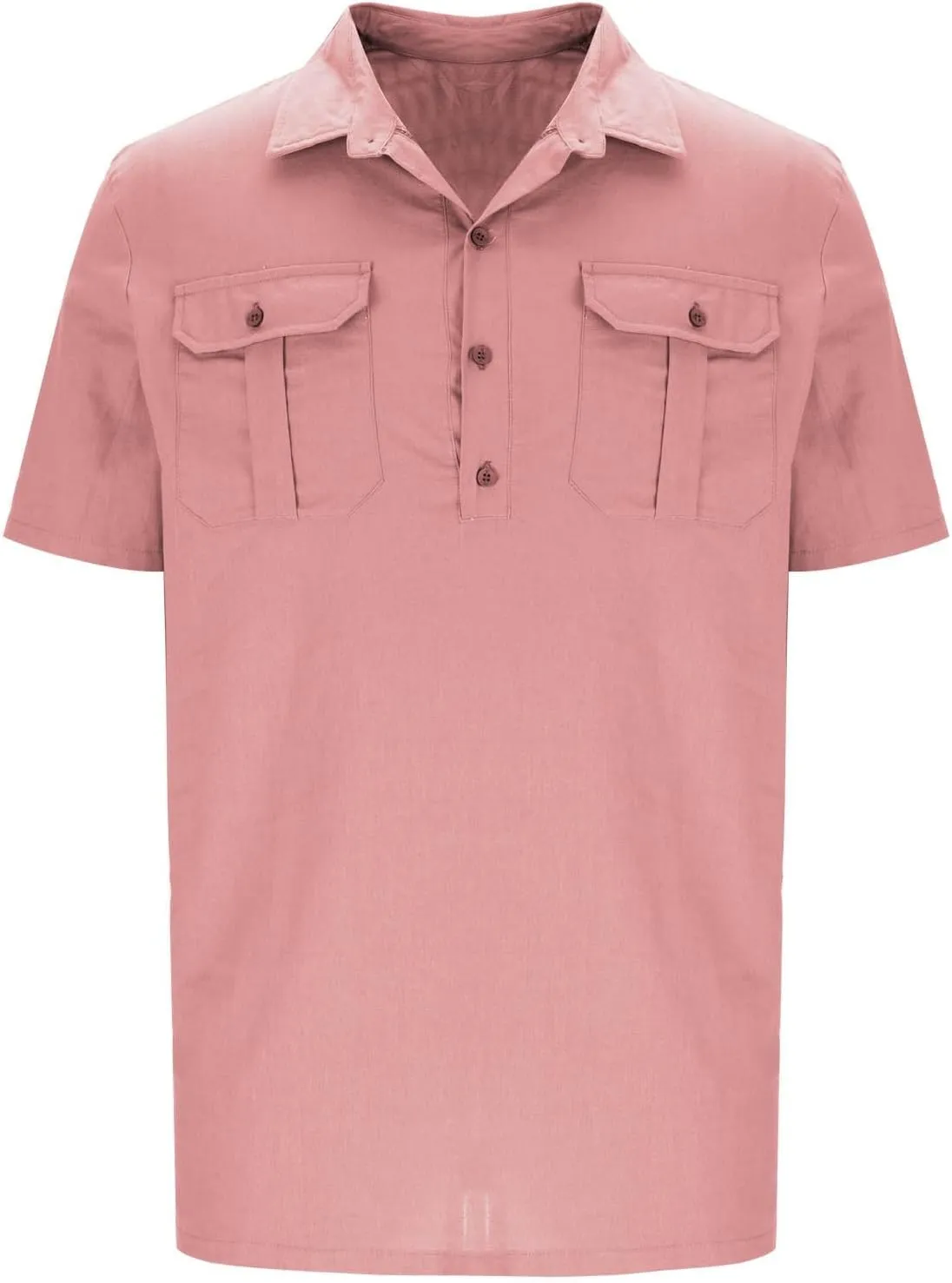 Linen Shirt for Men Button Collared T-Shirt Short Sleeve Summer Beach Clothes Casual Hawaiian Dress Tops with Two Pocket