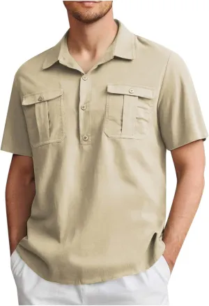 Linen Shirt for Men Button Collared T-Shirt Short Sleeve Summer Beach Clothes Casual Hawaiian Dress Tops with Two Pocket