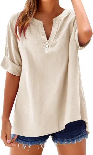 Linen Shirts for Women Rolled Short Sleeve Buttons V Neck Boho Tops Solid Summer Beach Blouses Casual Loose Fit Tee