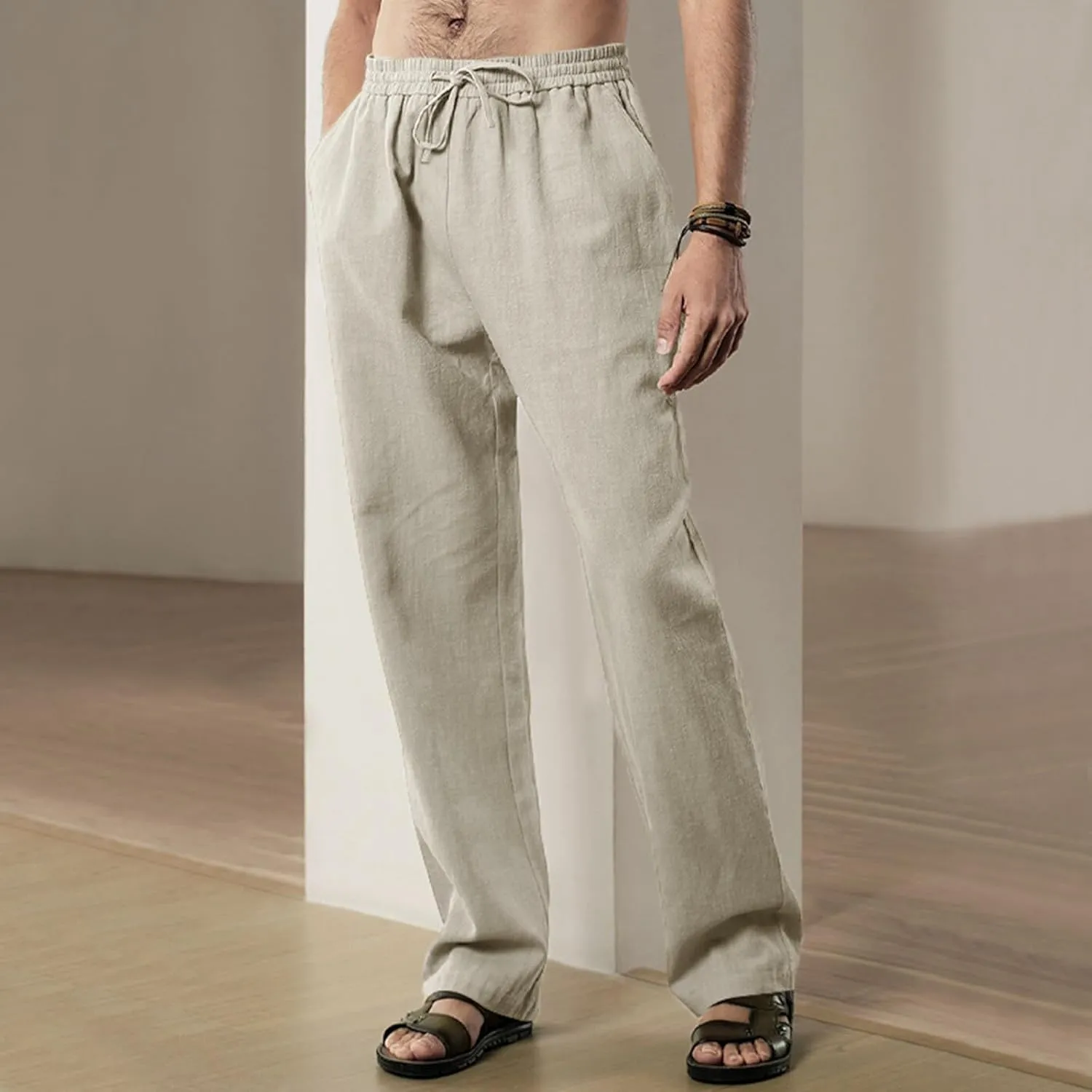 Mens Casual Linen Pants Drawstring Elastic Waist Straight Leg Pant Sports Pants Outdoor Hiking Trousers