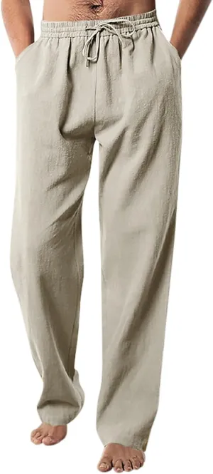Mens Casual Linen Pants Drawstring Elastic Waist Straight Leg Pant Sports Pants Outdoor Hiking Trousers