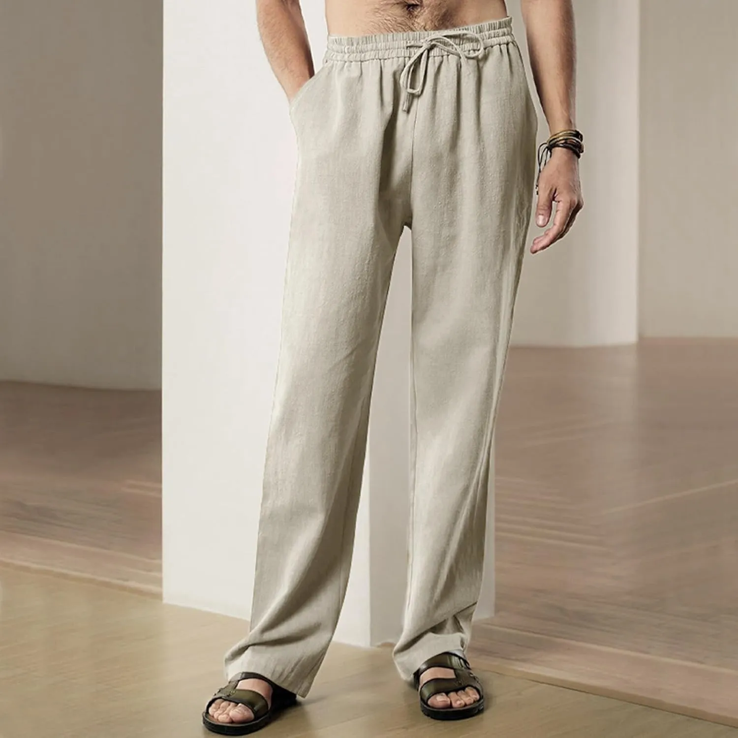 Mens Casual Linen Pants Drawstring Elastic Waist Straight Leg Pant Sports Pants Outdoor Hiking Trousers