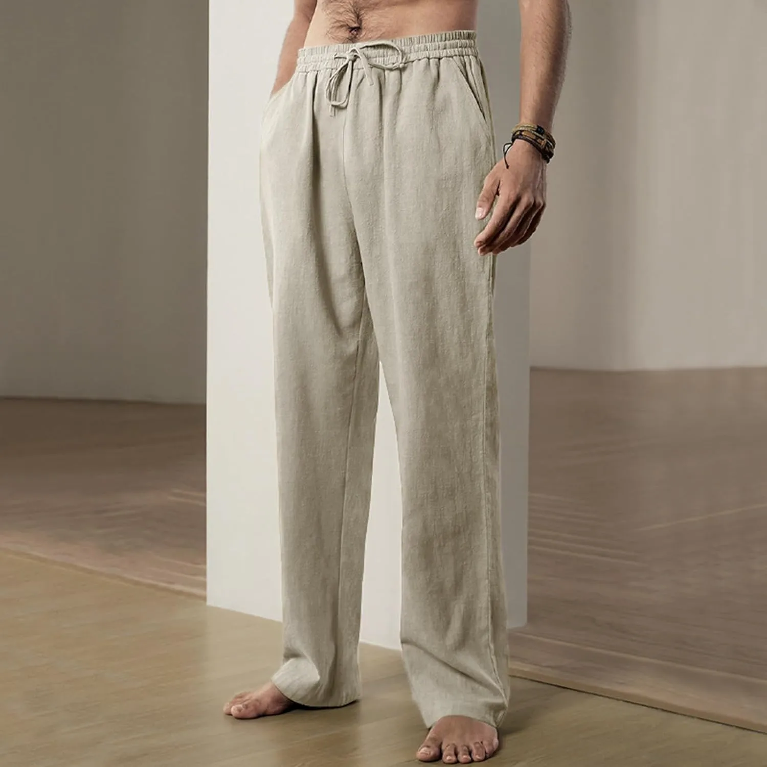 Mens Casual Linen Pants Drawstring Elastic Waist Straight Leg Pant Sports Pants Outdoor Hiking Trousers