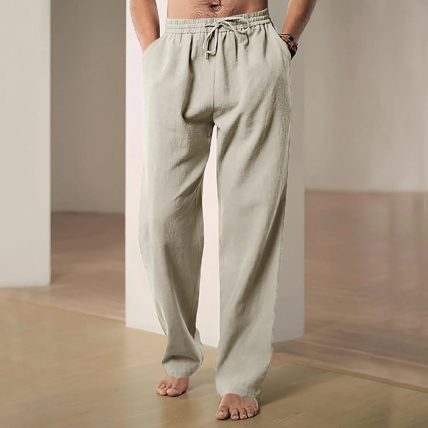 Mens Casual Linen Pants Drawstring Elastic Waist Straight Leg Pant Sports Pants Outdoor Hiking Trousers
