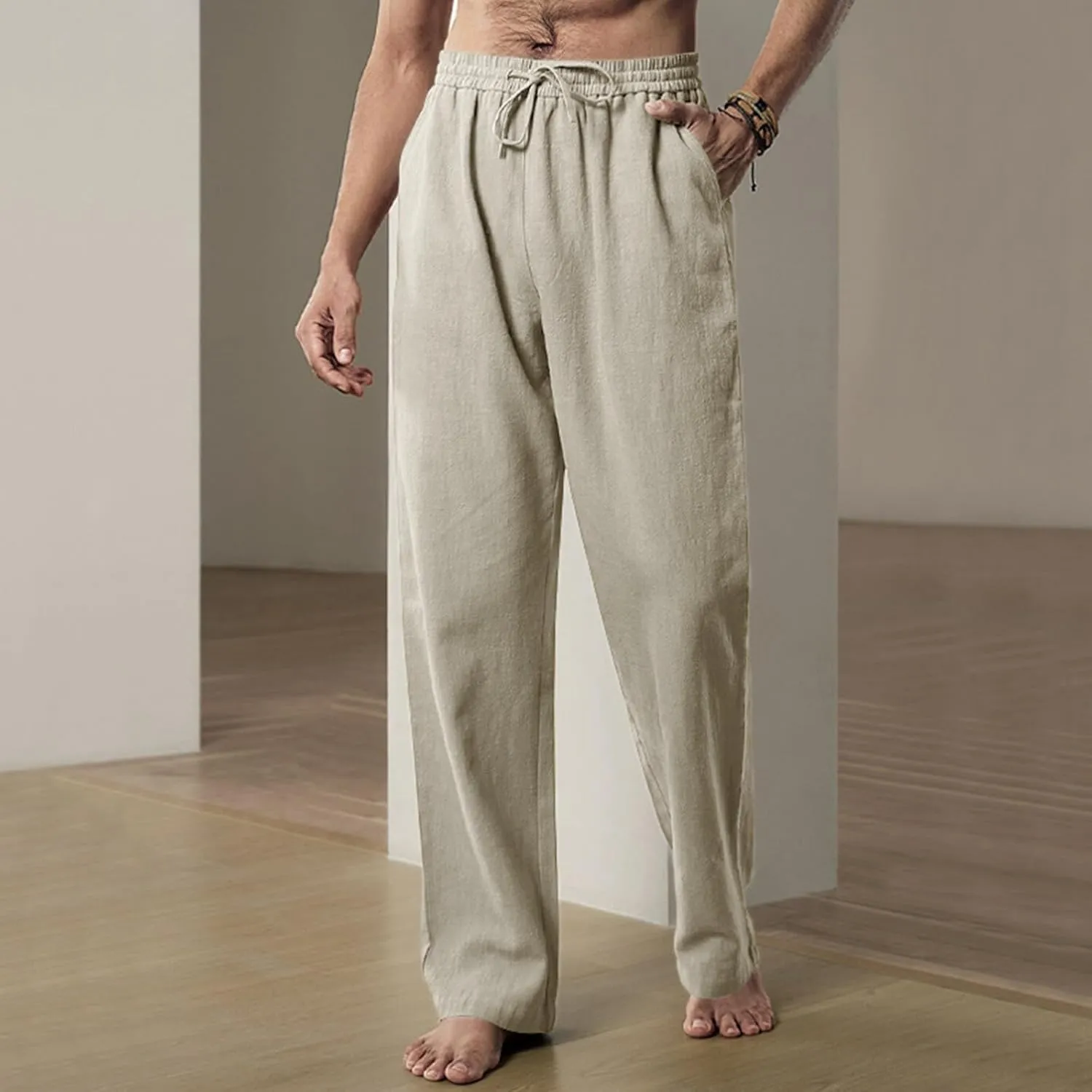 Mens Casual Linen Pants Drawstring Elastic Waist Straight Leg Pant Sports Pants Outdoor Hiking Trousers