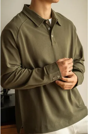 Men's Casual Polo Shirts Fashion Button Up Collared Long Sleeve Loose T Shirts,Green,XXL