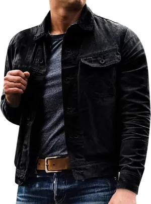Mens Distressed Shirt Jacket Notch Lapel Washed Vintage Style Denim Trucker Jacket Long Sleeve Button Down Sport Coat