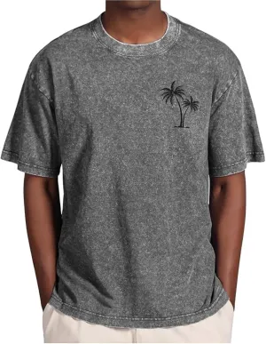 Oversize Palm Tree Graphic T-Shirts for Men Short Sleeve Summer Vacation Shirts Cotton Vintage Washed Workout Tee Tops