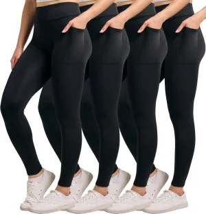 Real Essentials 4-Pack: Women's Full Length Fitted Athletic Yoga Performance Leggings with Pockets (Available in Plus Size)