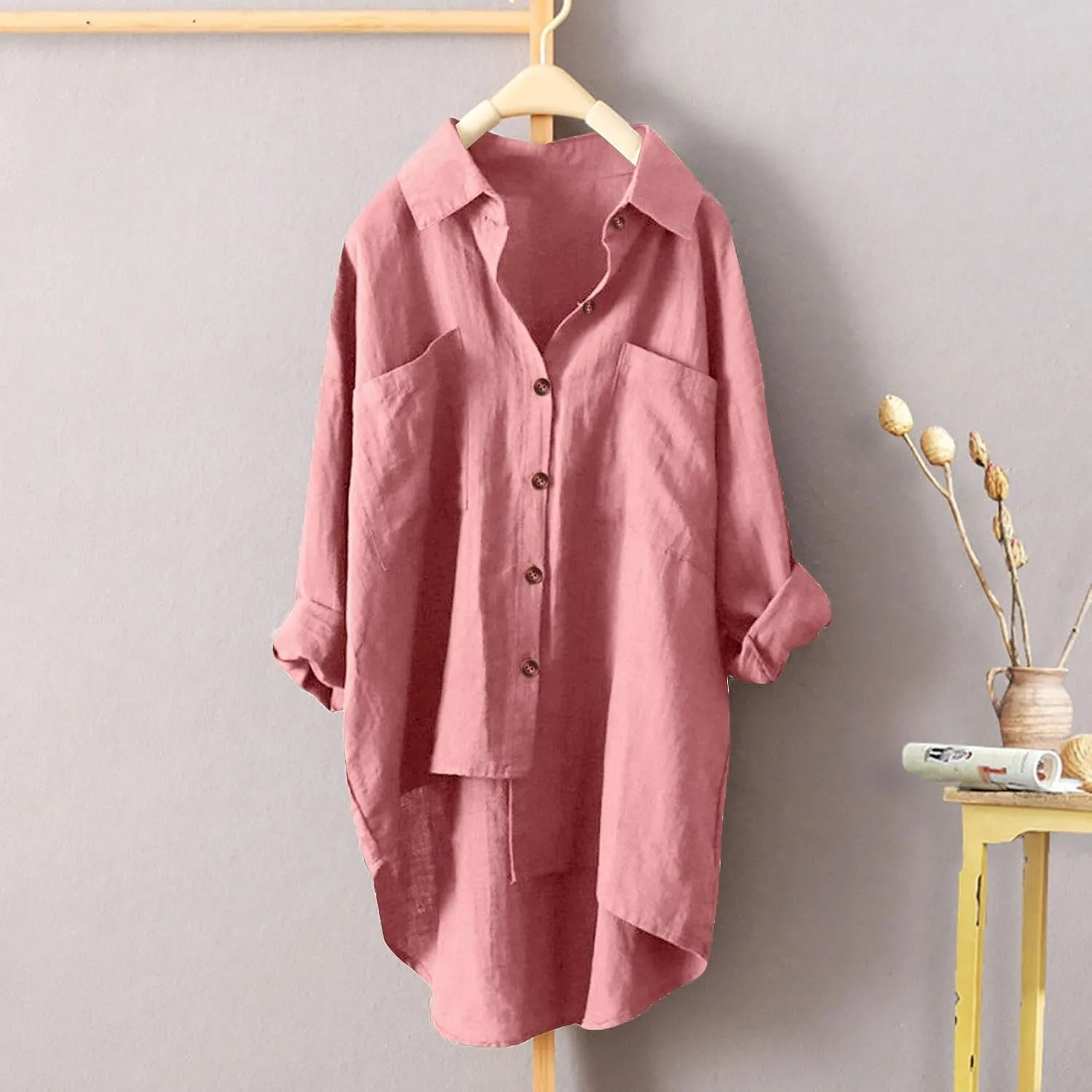 Solid Linen Blouses for Women Long Sleeve High Low Hem Button Down Shirt Oversized Tunic Tops Beach Cover Up Cardigan