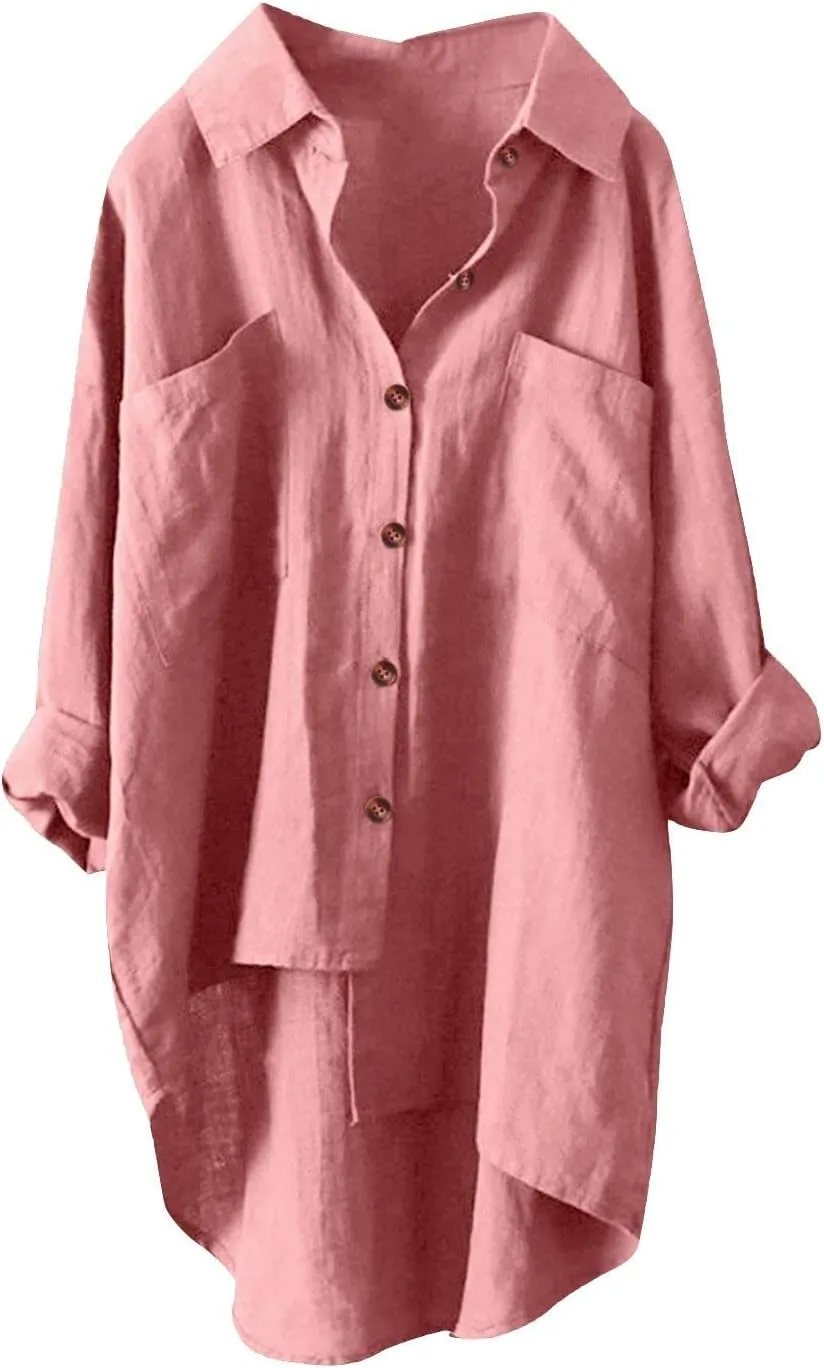 Solid Linen Blouses for Women Long Sleeve High Low Hem Button Down Shirt Oversized Tunic Tops Beach Cover Up Cardigan