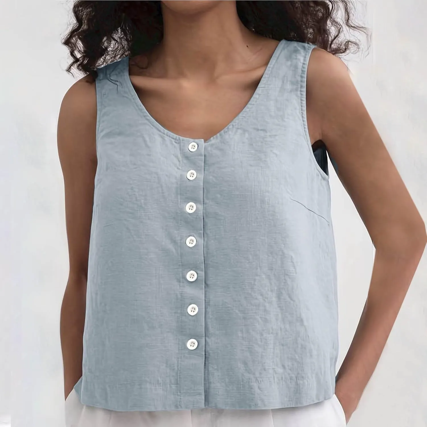 Summer Cotton Linen Tank Tops Women Sleeveless Round Neck Tees Shirts Elegant Solid Color Front Button Comfy Blouses