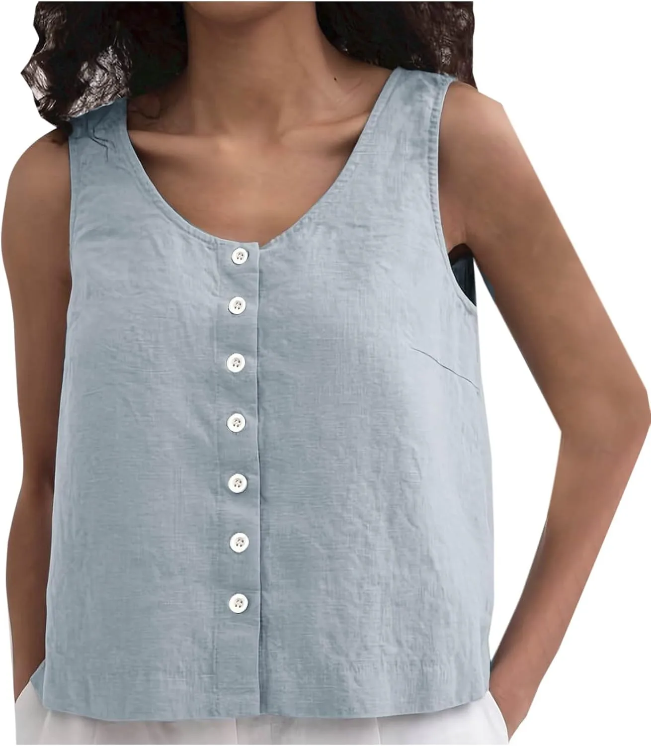 Summer Cotton Linen Tank Tops Women Sleeveless Round Neck Tees Shirts Elegant Solid Color Front Button Comfy Blouses
