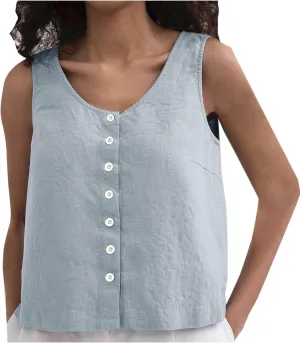 Summer Cotton Linen Tank Tops Women Sleeveless Round Neck Tees Shirts Elegant Solid Color Front Button Comfy Blouses