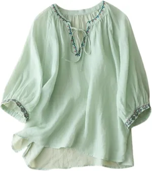 Summer Linen Tops for Women 2025 Trendy Retro Embroidered 3/4 Sleeve Shirts Boho Blouse Dressy Casual Vacation Tops