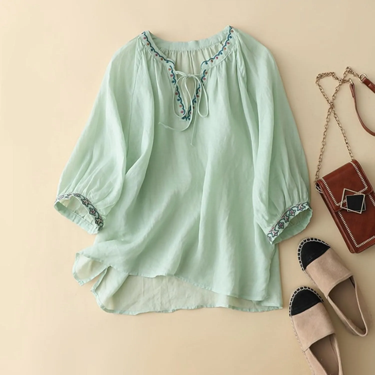 Summer Linen Tops for Women 2025 Trendy Retro Embroidered 3/4 Sleeve Shirts Boho Blouse Dressy Casual Vacation Tops