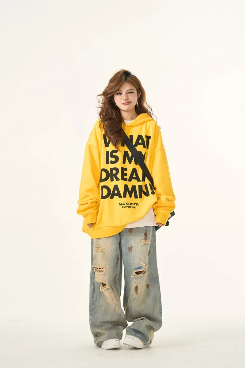 Vintage Letter Print Yellow Hooded Sweatshirt