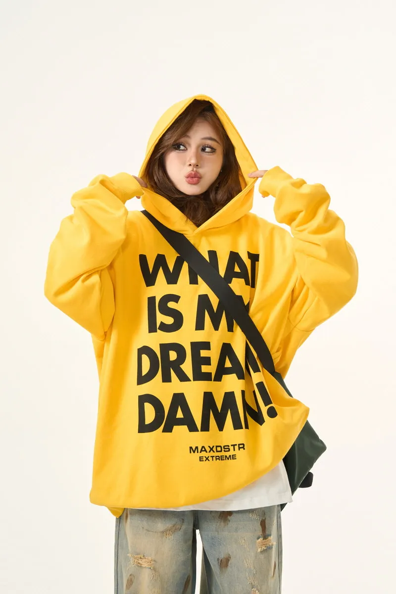 Vintage Letter Print Yellow Hooded Sweatshirt