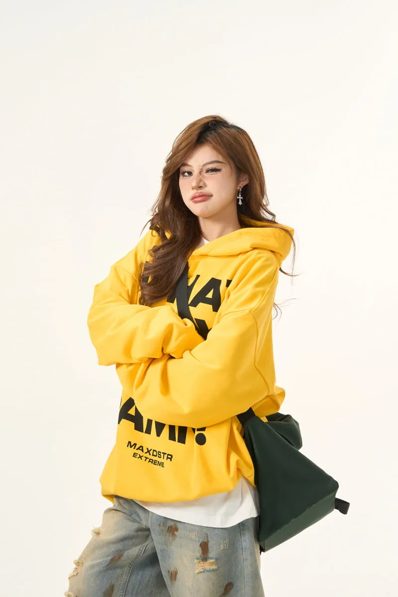 Vintage Letter Print Yellow Hooded Sweatshirt