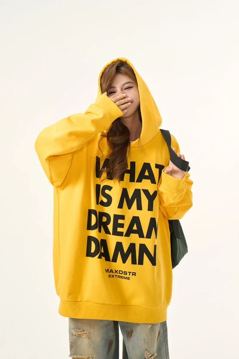 Vintage Letter Print Yellow Hooded Sweatshirt