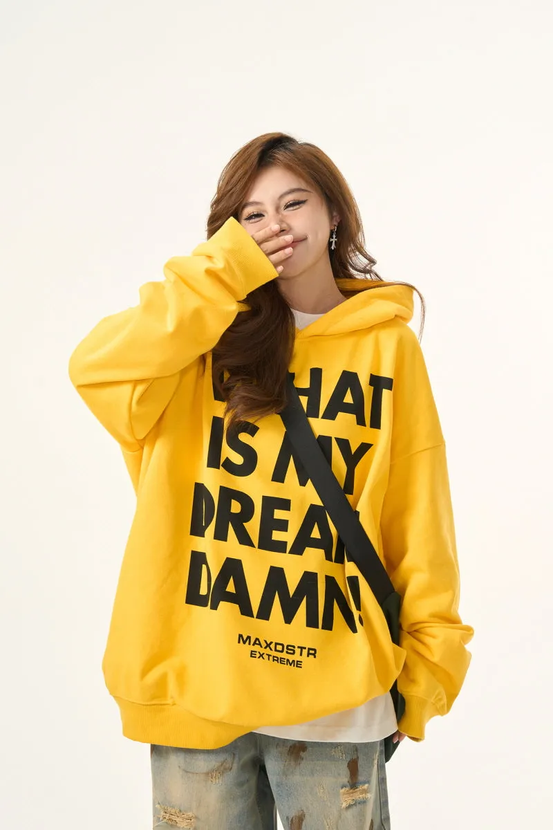 Vintage Letter Print Yellow Hooded Sweatshirt