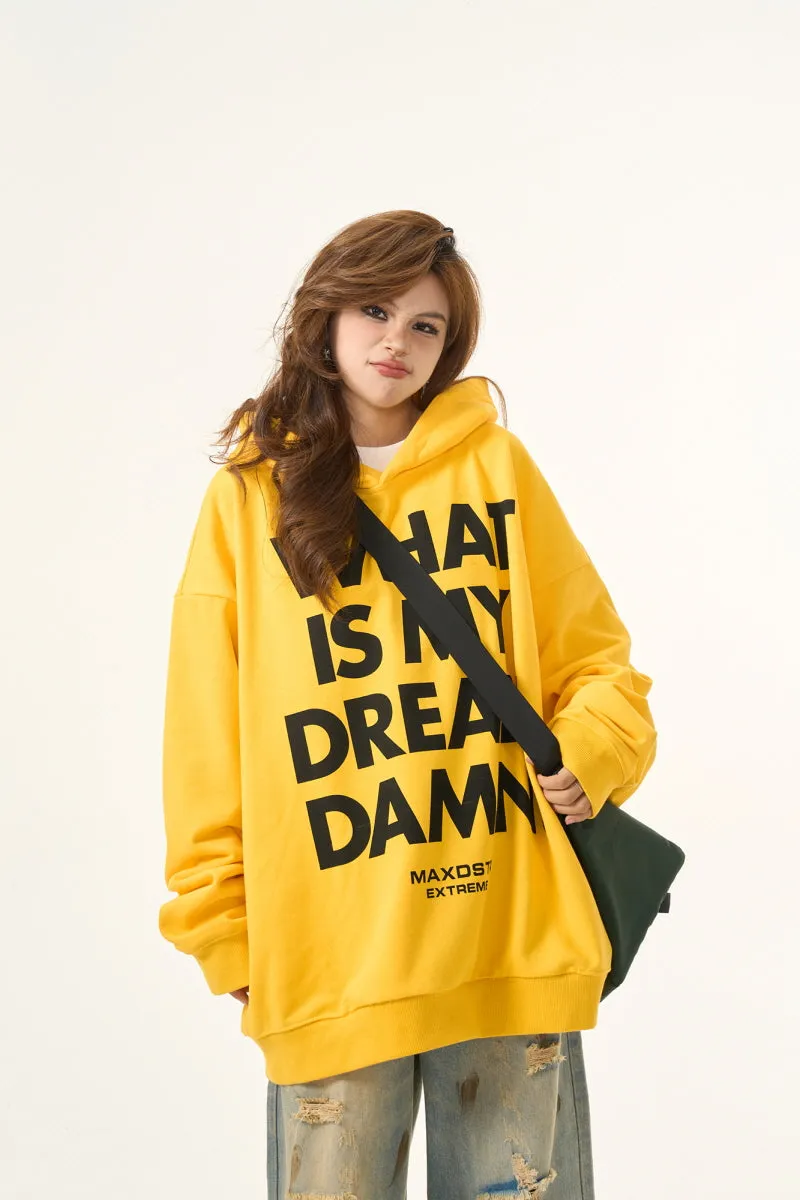 Vintage Letter Print Yellow Hooded Sweatshirt