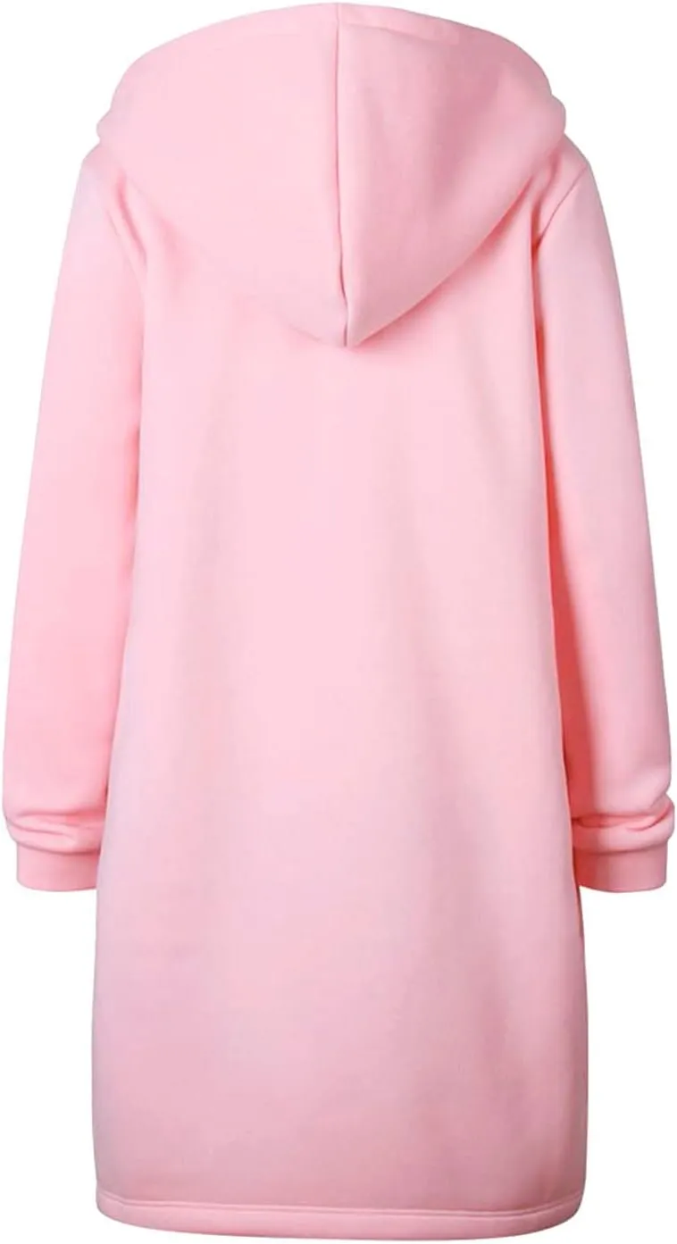 Women Long Sweatshirt Solid Color Full Zip Fleece Plush Hoodies Pullover Loose Fit Casual Clothes Fall Winter Shirts
