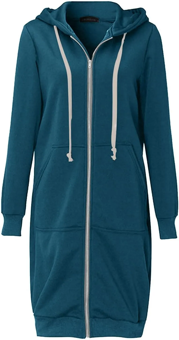 Women Long Sweatshirt Solid Color Full Zip Fleece Plush Hoodies Pullover Loose Fit Casual Clothes Fall Winter Shirts