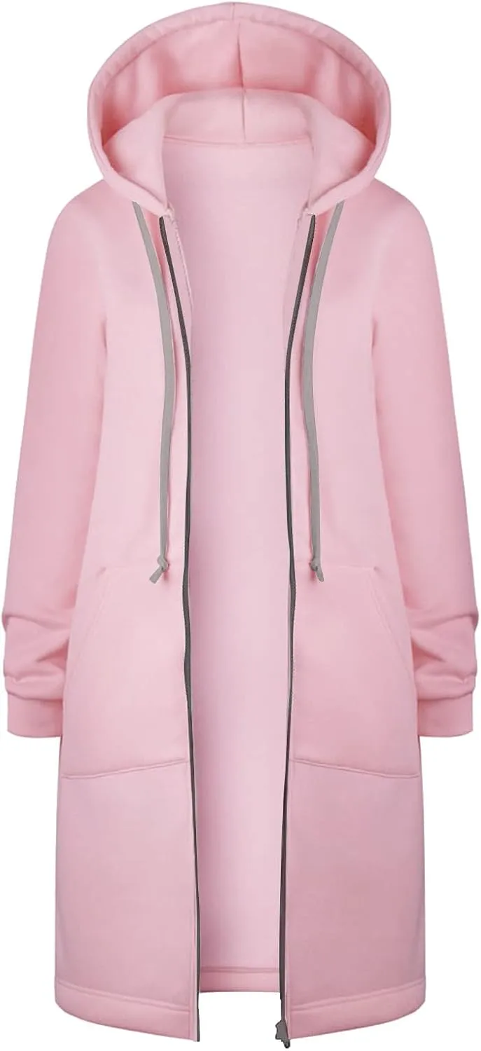 Women Long Sweatshirt Solid Color Full Zip Fleece Plush Hoodies Pullover Loose Fit Casual Clothes Fall Winter Shirts