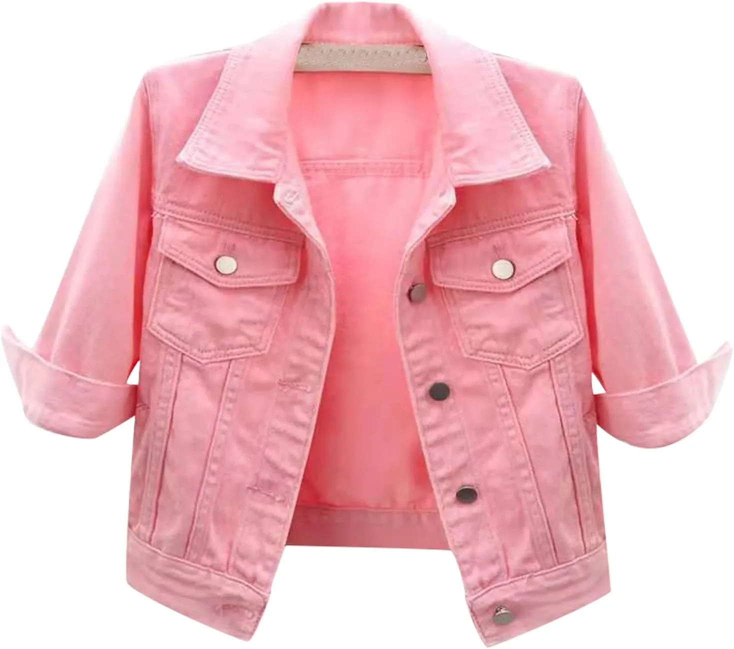 Women's Button Down Half Sleeve Cropped Denim Jean Jacket Ladies Retro Lightweight Jackets