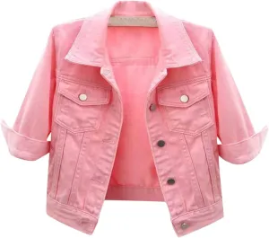 Women's Button Down Half Sleeve Cropped Denim Jean Jacket Ladies Retro Lightweight Jackets
