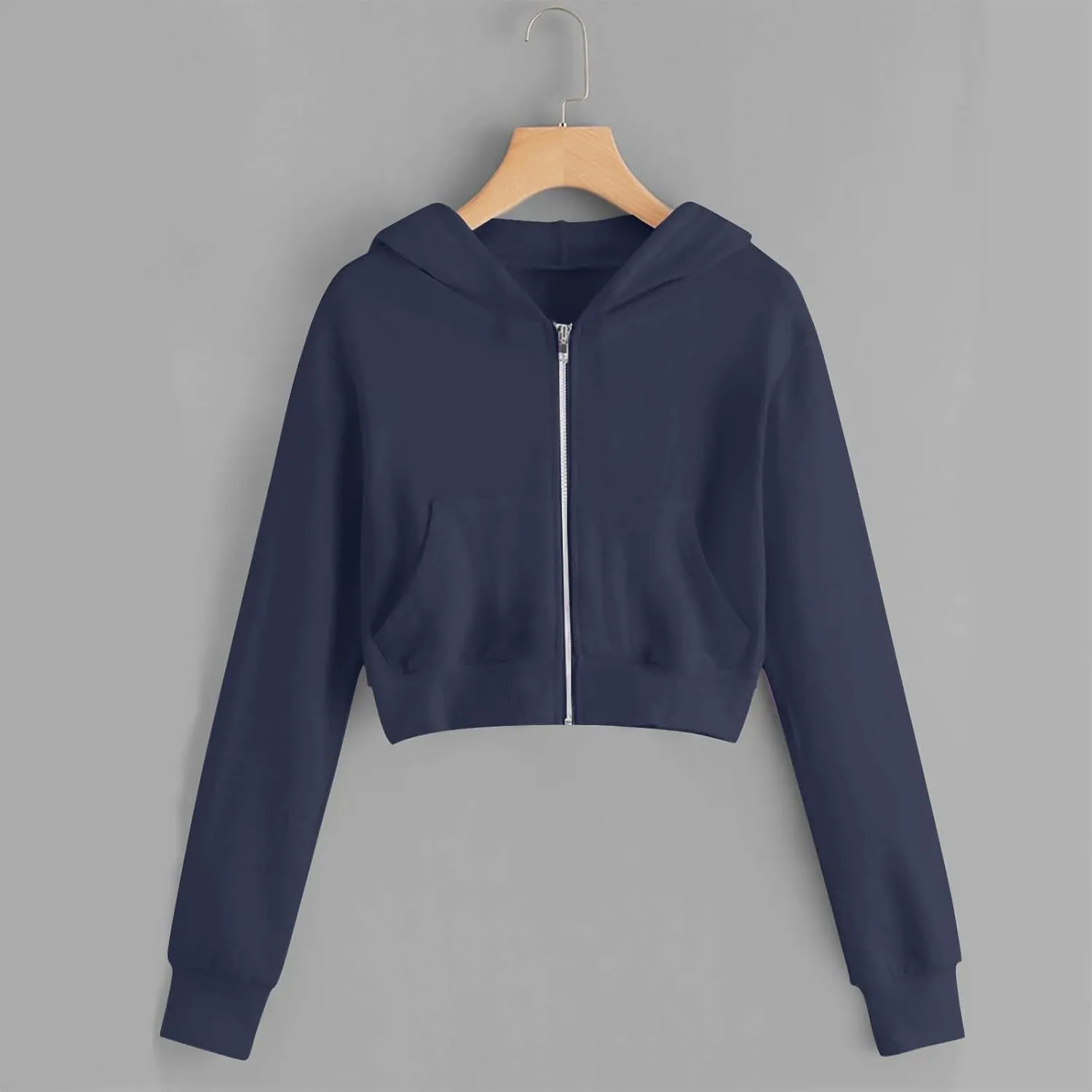 Women's Cropped Jackets Plus Size Fashion Solid Color Zipper Long Sleeves Hoodies Sweatshirt Outwear with Pockets