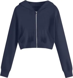 Women's Cropped Jackets Plus Size Fashion Solid Color Zipper Long Sleeves Hoodies Sweatshirt Outwear with Pockets