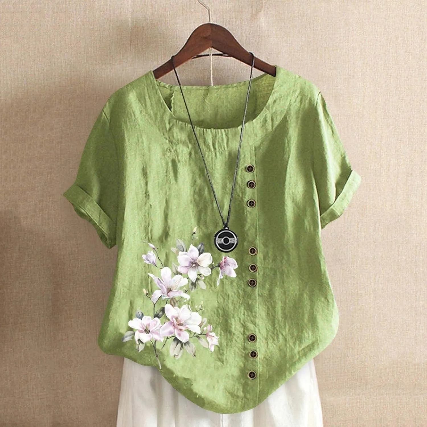 Women's Floral Printed Cotton Linen Short Sleeve Tops Summer Vintage Casual Plus Size Tunic Comfy Loose Fit Tshirts